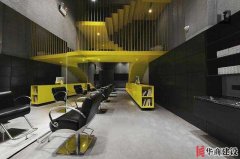 經(jīng)典美發(fā)店裝修案例，黑黃顏色搭配層迭空間